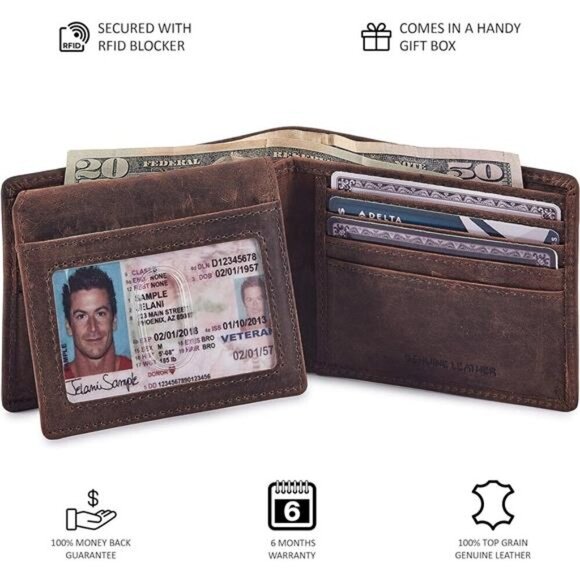 Men's RFID Blocking Real Leather Bifold Stylish 2 ID Window - Picture 5 of 6